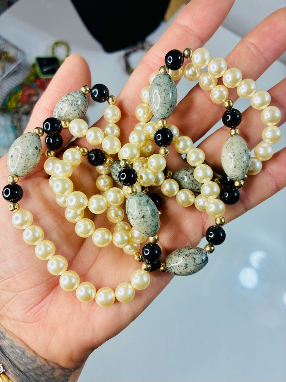 Classic Ivory Pearl & Natural Black and Gray Stone Long Over The Head Necklace